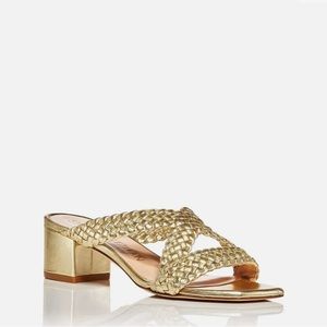 Stuart Weitzman Rosie Woven Block Heel Side Sandals Gold! Never worn!